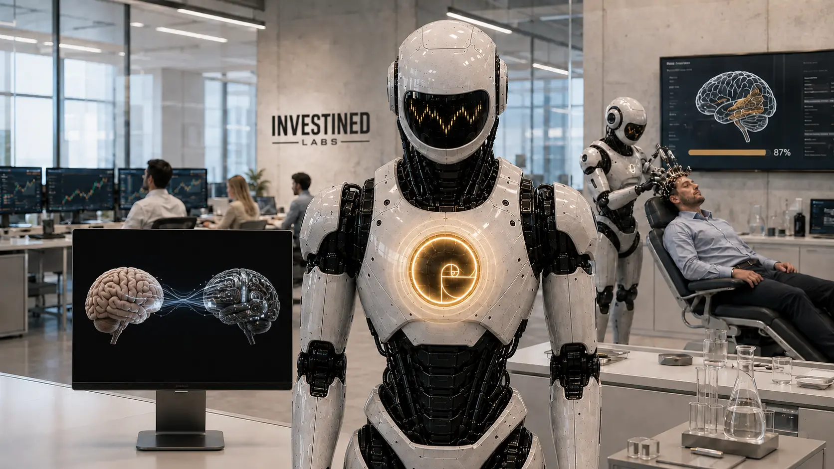 Investined robot in the Ideas Lab beside a human-to-robot brain transfer screen